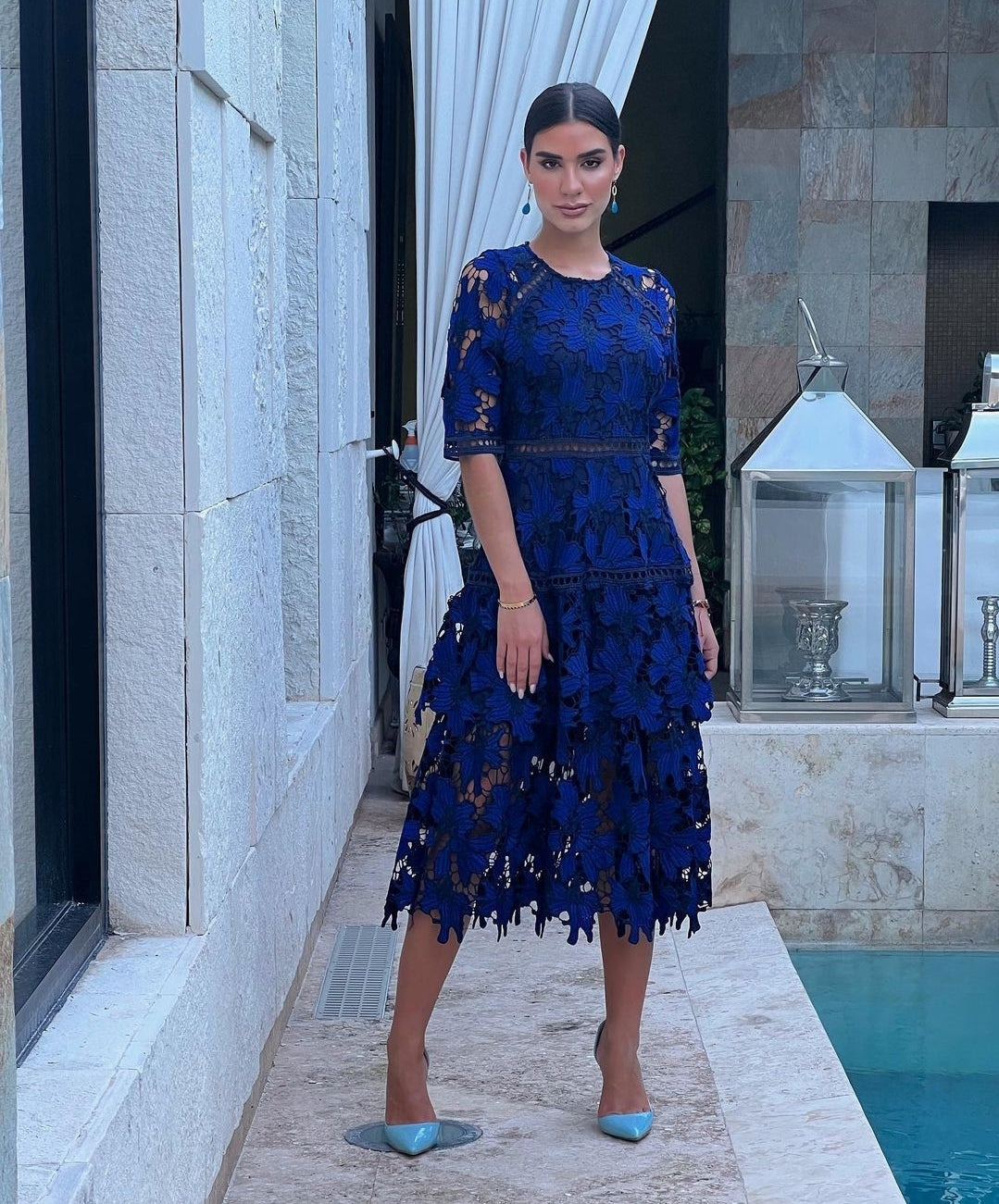 chinese dress ladies Delicia Lace Royal Blue & Black Midi Dress – VELVET CLOTHING CO