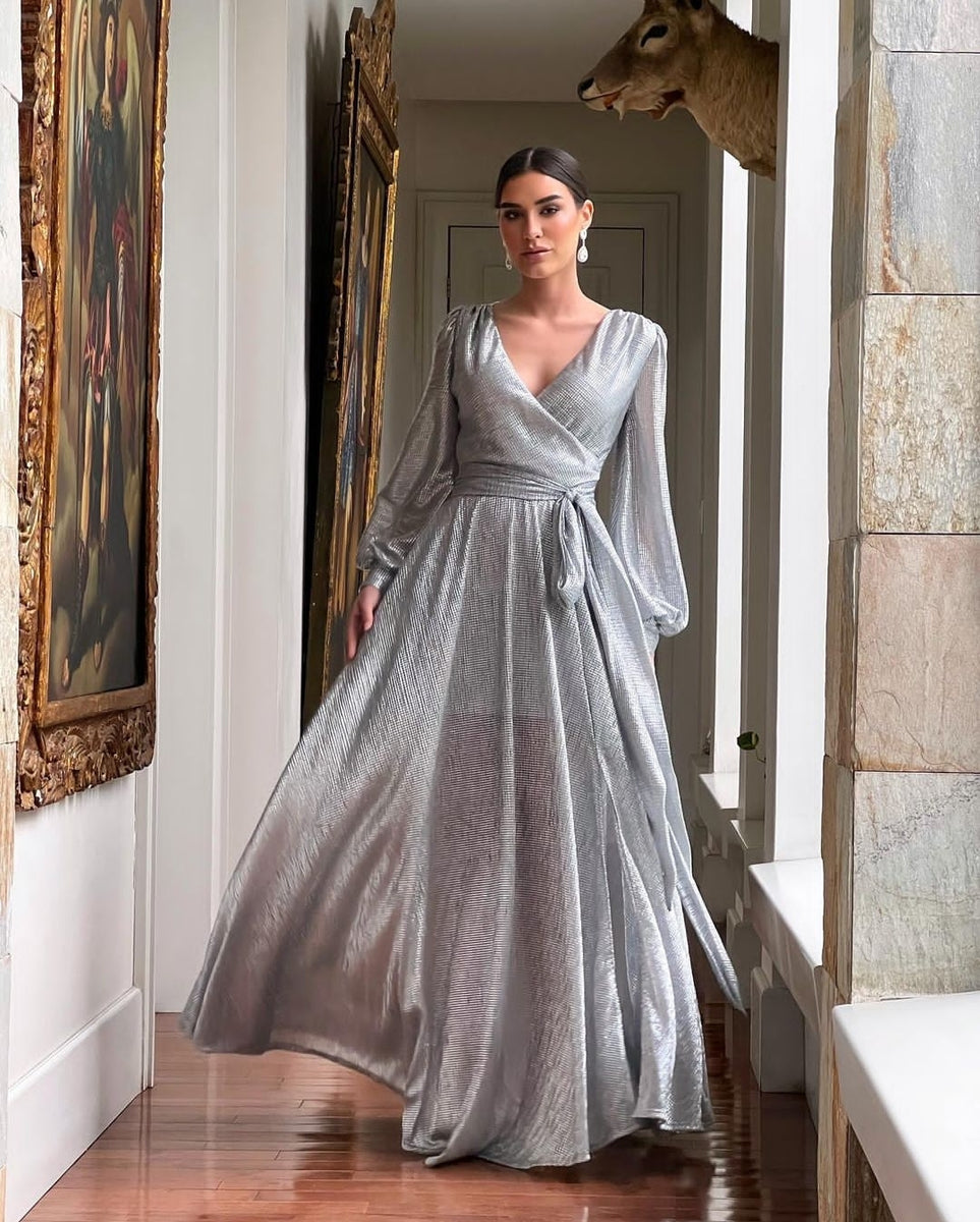 silver velvet dress LONG SILVER VELVET DRESS